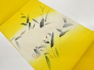 作家物　絽塩瀬汕頭刺繍手描き実に葉模様開き名古屋帯（額縁仕立て）